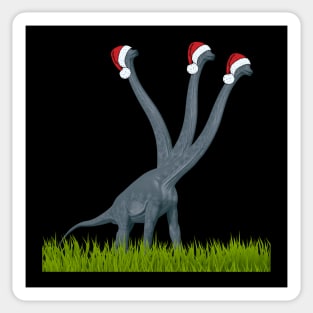 Dinosaur celebrates Christmas with Santa caps on | 3-necked dinosaur Sticker